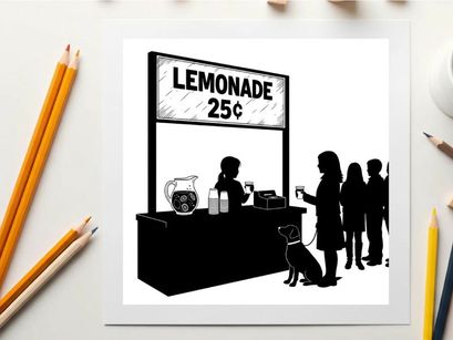 Silhouette of people buying lemonade from a vendor with a dog