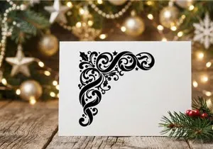 Black Christmas corner flourish with holly leaves and stars on white background