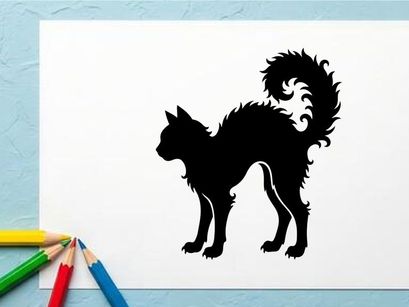 Silhueta de um Gato Curioso com Cauda Felpuda em Fundo Branco