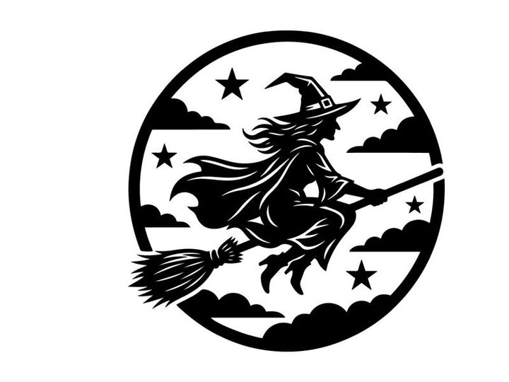 Witch Flying on Broomstick in Night Sky with Stars and Clouds