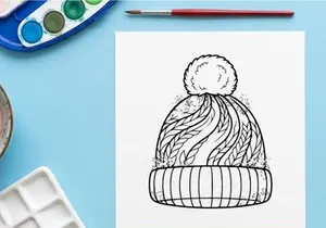 Halaman mewarnai topi rajutan musim dingin dengan pola pom pom dan bunga salju untuk aktivitas Natal