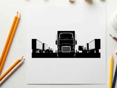 Silhouette of a semi truck with trailers on a white background