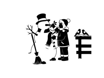 Silhouette of snowman and girl with broom and birds