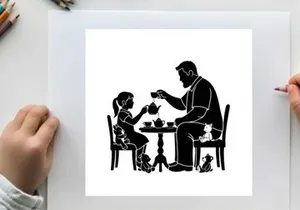 Silhouette of a man and a girl having tea with pets