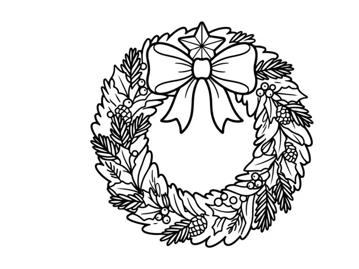 Christmas wreath line art illustration with pine branches and a decorative festive bow