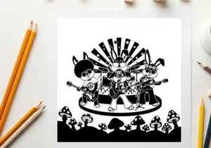 Silhouette illustration of cartoon band performing on stage with mushroom silhouettes