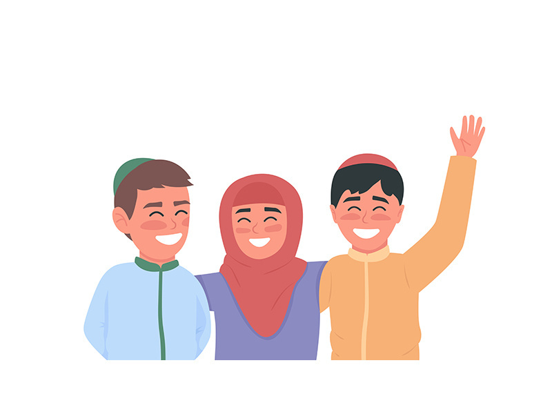 Happy arabian children flat color vector faceless characters