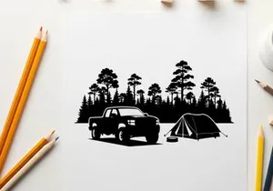 Camping silhouette of a truck and tent in a forest
