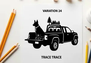 Silhouette of dog in pickup truck with trees