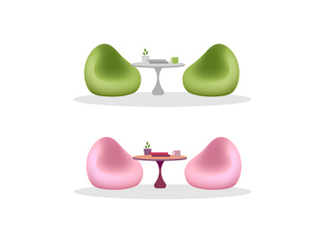 Bean bag chair and tables flat color vector objects set preview picture