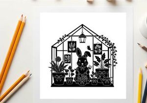 Silhouette of a rabbit in a greenhouse with plants and decorations silhouette