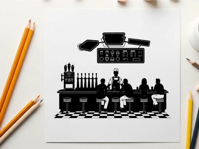 Silhouette of people sitting at a diner counter with chef