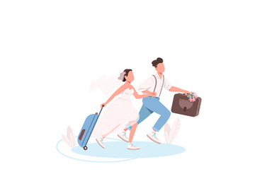Just married couple with suitcases flat color vector faceless characters preview picture