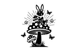 Peaceful silhouette of bunny on mushroom with butterflies