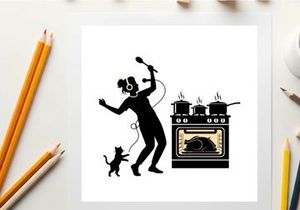 Silhouette of a woman singing with a cat and oven silhouette