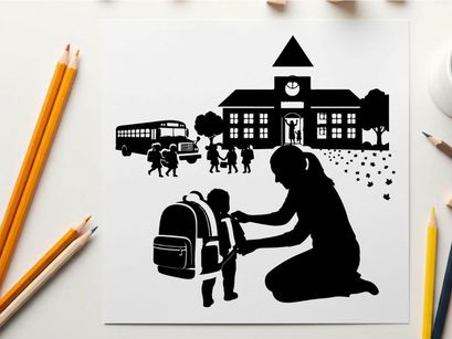 Silhouette of mother helping child with backpack at school