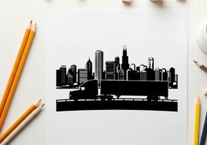 Truck driving across bridge with city silhouette
