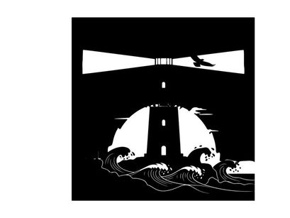 Lighthouse silhouette at sunset with american flag and seagull