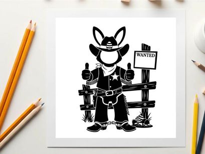 Wanted cartoon rabbit silhouette in cowboy outfit with thumbs up