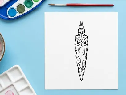 Christmas icicle ornament with star, black and white line art vector illustration.