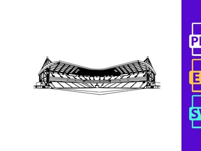 Architectural drawing of a large building with unique roof design