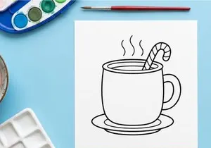Christmas hot cocoa mug with candy cane line art illustration for coloring page