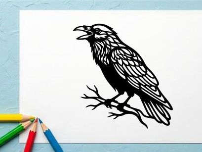 Ilustração detalhada em preto e branco de um falcão com padrões intrincados de penas