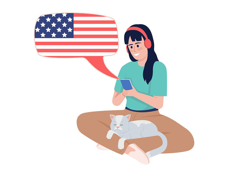 Young woman listening to american english course semi flat color vector character