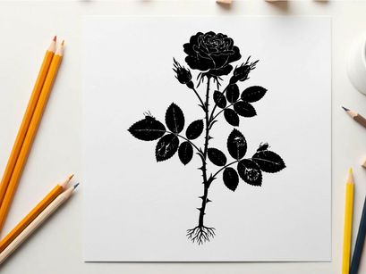 Silhouette of a single rose flower and stem