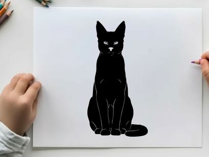 Black cat silhouette sitting upright facing forward