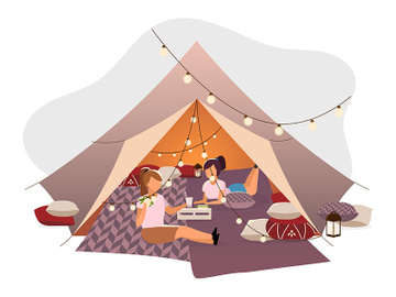 Girls resting in tent flat vector illustration.\ preview picture