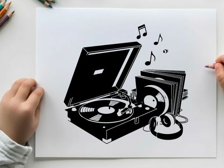 Vinyl record player silhouette with music notes and headphones