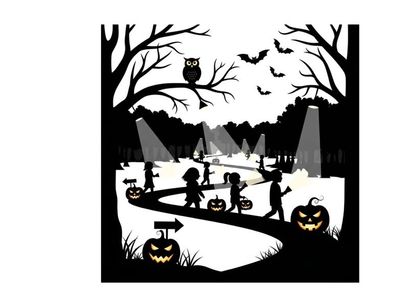Halloween silhouette of children trick or treating in a spooky graveyard at night