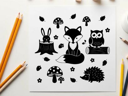Whimsical forest creatures in silhouette with mushrooms and flowers