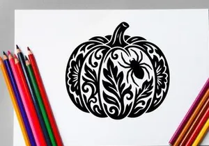 Intricate Halloween Pumpkin Illustration with Floral and Leaf Details