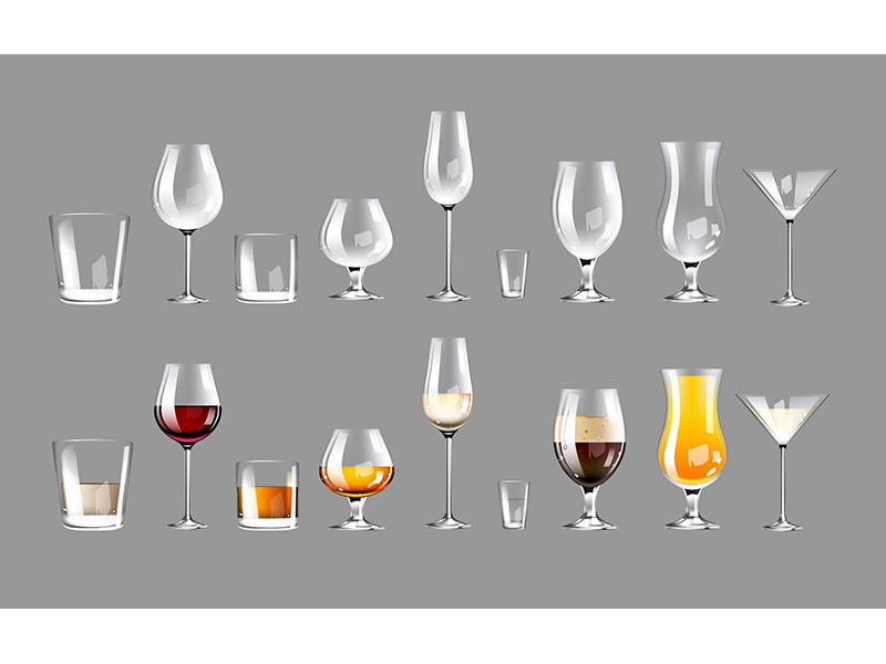 Types of glassware realistic product vector designs set