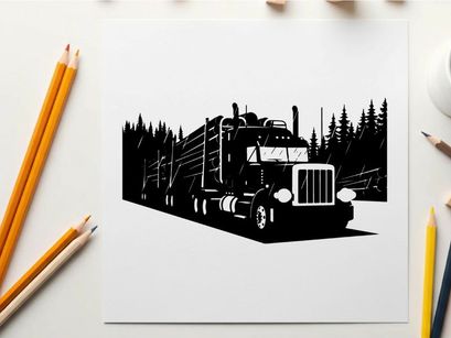 Logging truck silhouette driving on forest road with tree logs
