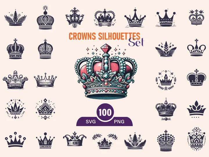 Royal Crown Silhouette, Retro King Crown Icons.