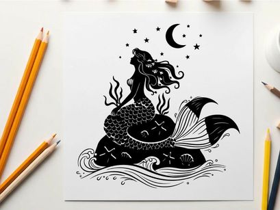 Mermaid silhouette under a starry night sky with crescent moon