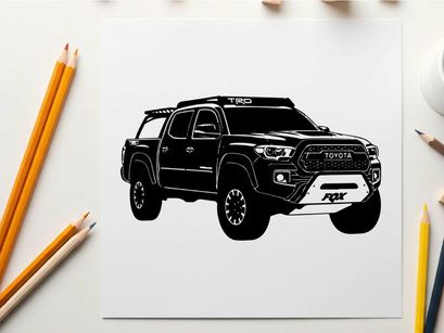 Silhouette of a modern pickup truck with roof rack and bull bar silhouette