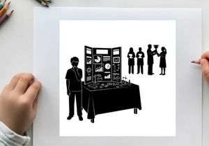 Silhouette of a boy standing by a table with a display and other silhouettes