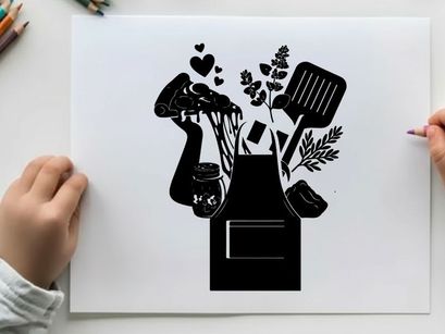 Silhouette of italian kitchen utensils and wine bottle