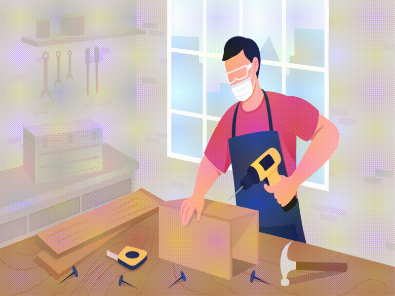Skilled male joiner with hammer drill flat color animated illustration