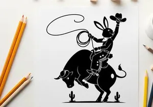 Rabbit cowboy riding bull silhouette western rodeo scene