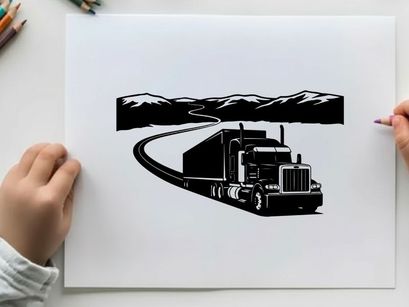Black silhouette of a semi truck driving on a winding road through mountains