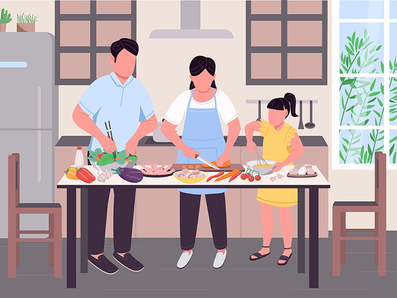 Family cooking together flat color vector illustration