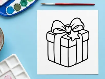 Ilustración de línea de caja de regalo navideña con un lazo decorativo y un icono de estrella.