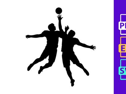 Volleyball players in action jumping to hit the ball in mid air