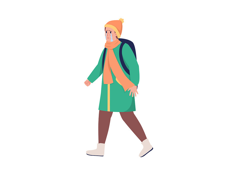 Refugee boy with backpack running away from war flat color vector character