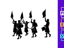 Scottish bagpiper band marching in traditional kilts with flags